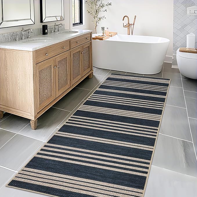Garvee 2x6 Easy Jute Kitchen Rugs Washable Rugs for Hallway, Navy | Modern Line Print Area Rug Stain Resistant Easy Cleaning Throw Rugs Low Pile Floor Cover for Bedroom Laundry