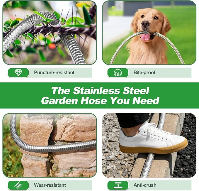 Toolasin Garden Hose 100FT, Flexible Stainless Steel Water Hose with 10-Function Nozzle, No-Kink, Leak-Proof, Wear-Resistant, 3/4 GHT, Easy to Use and Store, Ideal for Garden, Yard, Outdoor