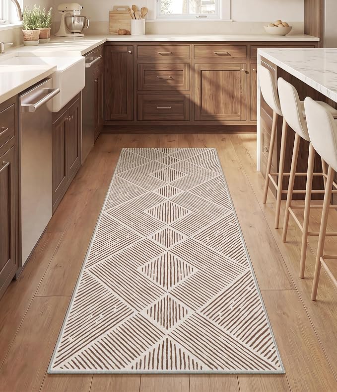 2‘x6' Washable Brown and Cream Runner Rug for Kitchen Hallway | Non-Slip, Low Pile, Stain Resistant, Farmhouse Tan Geometric Long Rug for Entryway Bedroom