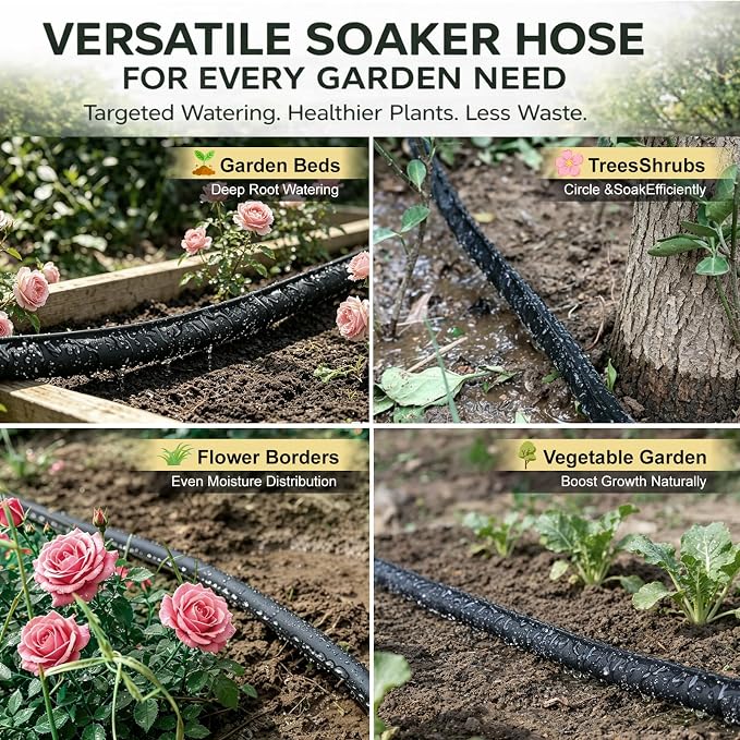 Flat Soaker Hose 15 ft 2-Pack with Splitter, 80% Water-Saving Drip Irrigation Hose, Linkable DIY Garden Soaker Hose System for Garden Beds, Lawn, Vegetables & Trees (15ft 2-pack)