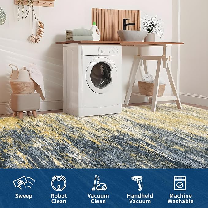 ROYHOME Modern Abstract Living Room Rug 8x10, Yellow/Black | Washable Area Rugs for Bedroom, Stain Resistant Non Slip Large Rug, Soft Indoor Carpet for Dining Room Table Home Decor