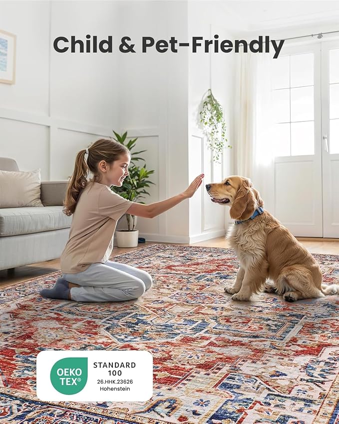AMADA HOMEFURNISHING 8x10 Washable Area Rug, Low-Profile Large Area Rug with Non-Slip Backing & Durable Edge Binding, Vintage Large Rugs for Living Room, Bedroom, Dinning Room