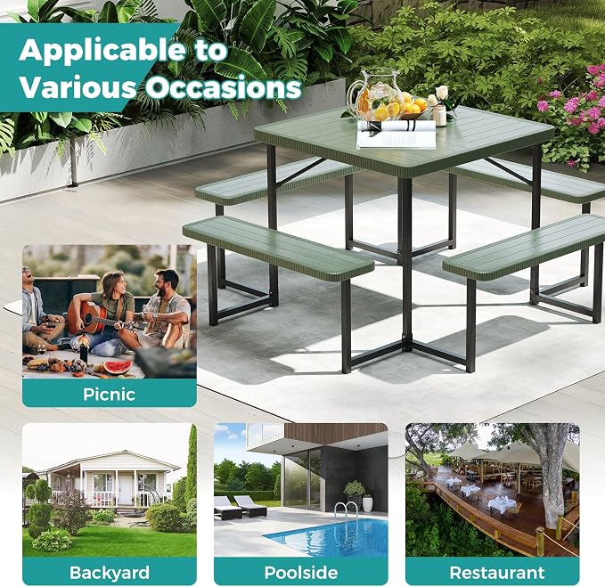Giantex Picnic Table Bench Set for 4-8 People, 34" Outdoor Square Dining Table & 2 Benches w/Umbrella Hole, HDPE Tabletop, Metal Frame, Patio Camping Furniture for Backyard Porch Lawn (Green,Square)