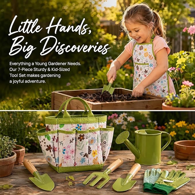 Kids Gardening Set, Gardening Tools Kit for Kids Toddler, Includes Tote Bag, Apron, Gloves, Watering Can, Shovel, Rake, Garden Tool Set Outdoor Toys Gifts for Boys Girls (Green Flower)