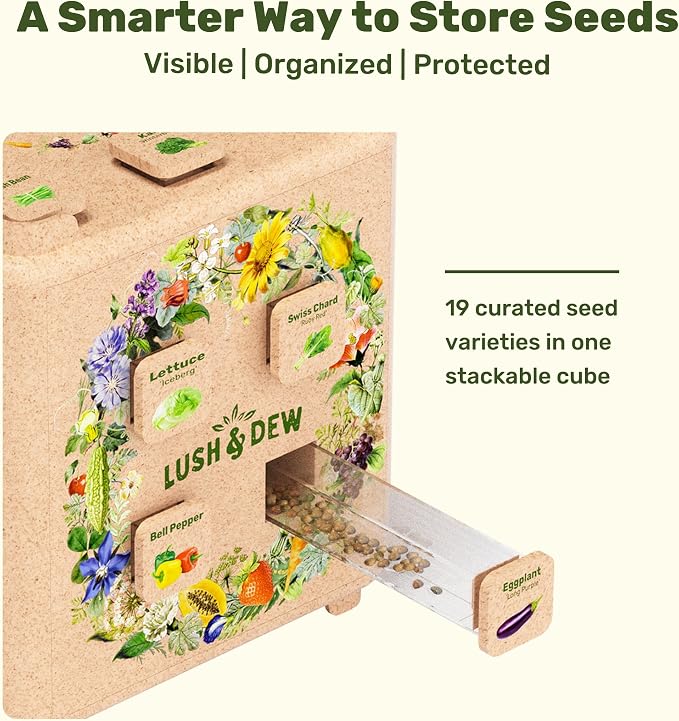 Lush&Dew SeedStack Starter Pair, Gardening Gift, 38 Types Veggie Herb Seeds | Seed Storage Organizer, USA Sourced Heirloom Seed Kit for Planting Outdoors Indoors, Raised Garden Beds, Gift for Women Men