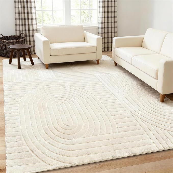 5x7 Solid Beige Area Rugs for Living Room, Geometric Washable Rug | Soft Fluffy Non-Slip Indoor Carpet, Neutral, Boho Modern Floor Rugs for Bedroom, Bedside, Kids Room, Nursery, Entryway