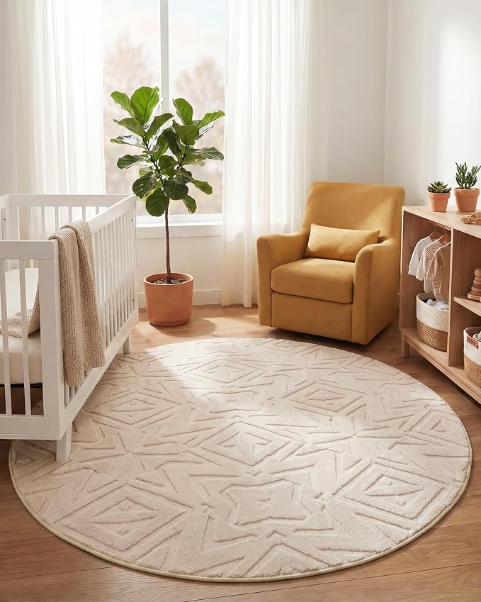Carvapet 5.2ft Round Geometric Rug Beige Washable High Low Pile Carpet | Soft plush textured rug with non slip backing for living rooms, bedrooms, nurseries and cozy indoor spaces