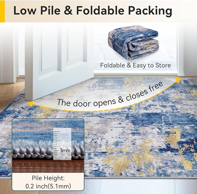 RELEANY Washable 3'x5' Abstract Area Rug for Living Room Blue Gold | Carpet for Bedroom, Kitchen, Office, Hallway and Entryway, Printed Pattern, Non‑Slip, Soft, Stain‑Resistant, Easy to Clean
