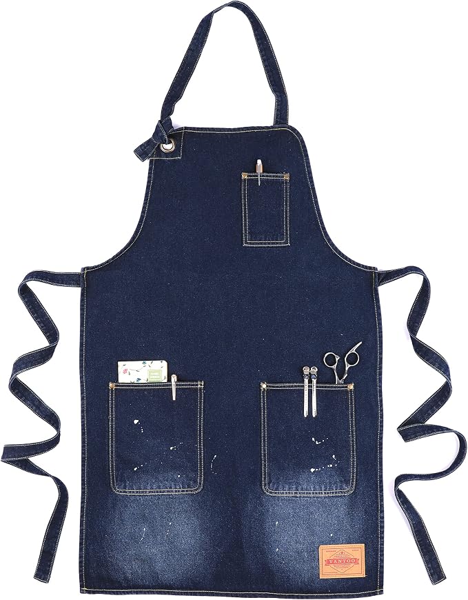 Denim Chef Apron for Women with Pockets, Jean Waitress Server Kitchen Apron for Men Cooking Gardening Painting