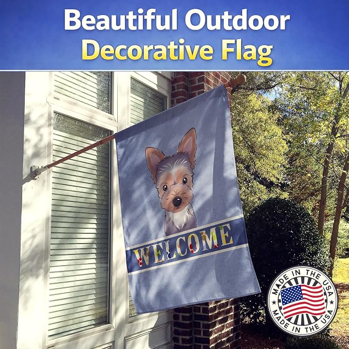 Caroline's Treasures BB1418CHF Yorkie Puppy Welcome House Flag, Blue Large Porch Sleeve Pole Decorative Outside Yard Banner Artwork Wall Hanging, Polyester, House Size, Multicolor