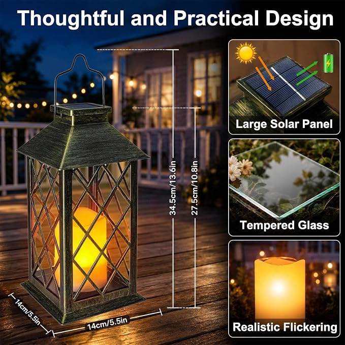 Solar Lanterns Outdoor Waterproof, 2 Pack 14'' Large Tempered Glass Outdoor Lanterns with Flameless Candle, Solar Hanging Lantern Decorative for Patio Porch Garden Table Deck Outside - Bronze