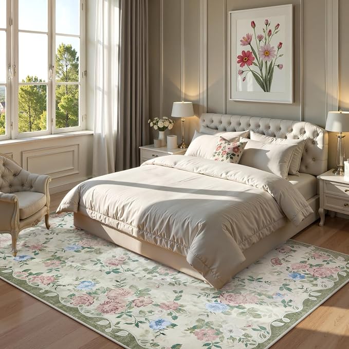 Lahome Green Floral Washable Rug 5x7, Boho Area Rug for Bedroom | Vintage Living Room Rugs Non Slip Low Pile Ultra-Thin Large Carpet for Farmhouse Dining Room Kids Playroom Nina (Cream/Green)