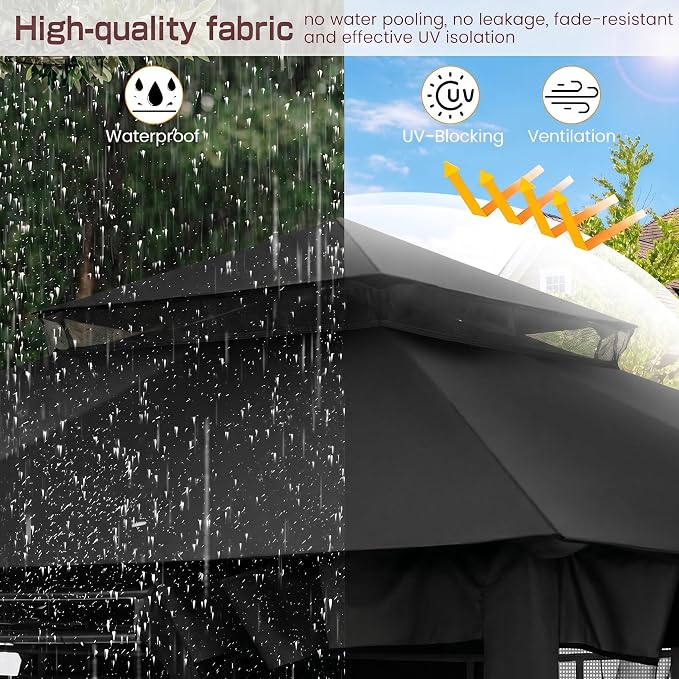 COBIZI 10x10 Gazebo with Double Roof & Mosquito Netting Outdoor Heavy-Duty Party Tent, Patio Tent with Zipper Screens - Backyard Garden Lawn Shelter Includes Wind Ropes Expansion Bolts, Black