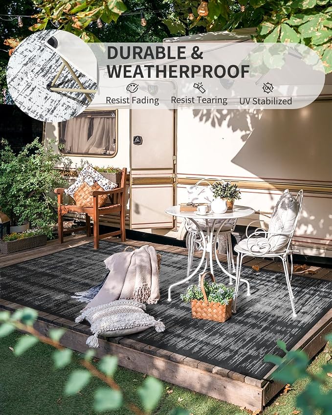 MontVoo Outdoor Rug Waterproof 8x10 ft Outdoor Carpet Patio Rug Mat Reversible RV Camping Rug Plastic Straw Outside Rug for Balcony Porch Deck Picnic Beach Modern Grey