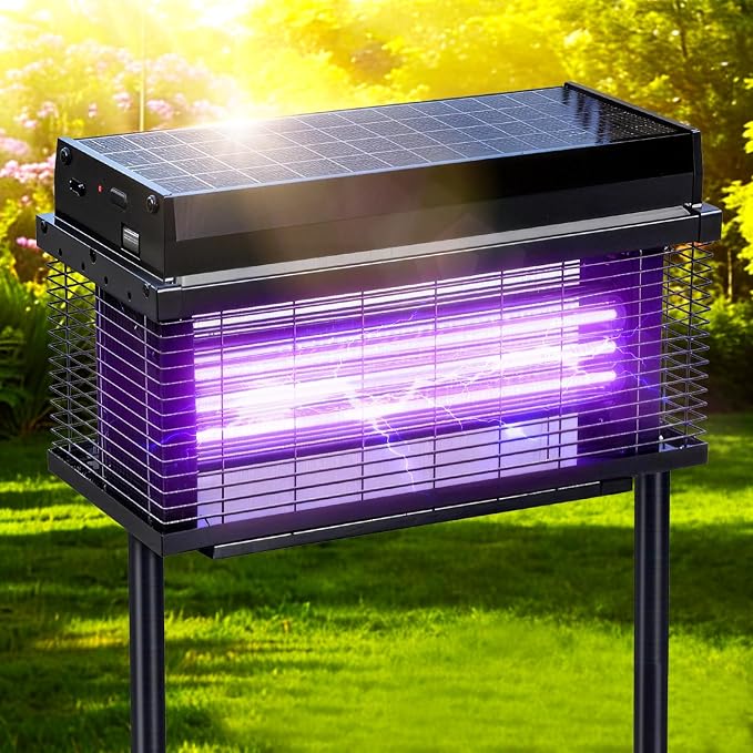 Solar Bug Zapper Outdoor, Purple UV Mosquito Zapper with Smart Rain Off Rechargeable Mosquito Killer Lamp, Wireless Solar Powered Fly Trap for Yard Patio RV (Jet Black)