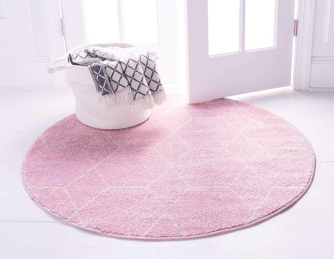 Unique Loom Trellis Frieze Collection Area Rug - Geometric (7' Round, Light Pink/ Ivory)