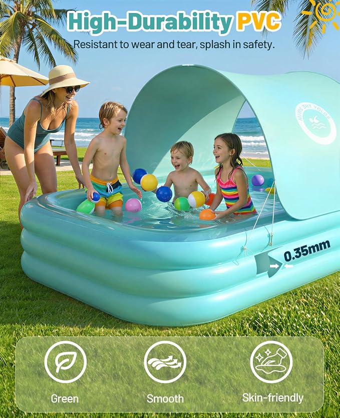 HeySplash Inflatable Pool, Swimming Pool 102" x 65"x 22" Green | Thickened Blow Up Pool with Canopy, Large Family Pool for Outdoor Backyard Garden Party Summer Fun Adults Kids