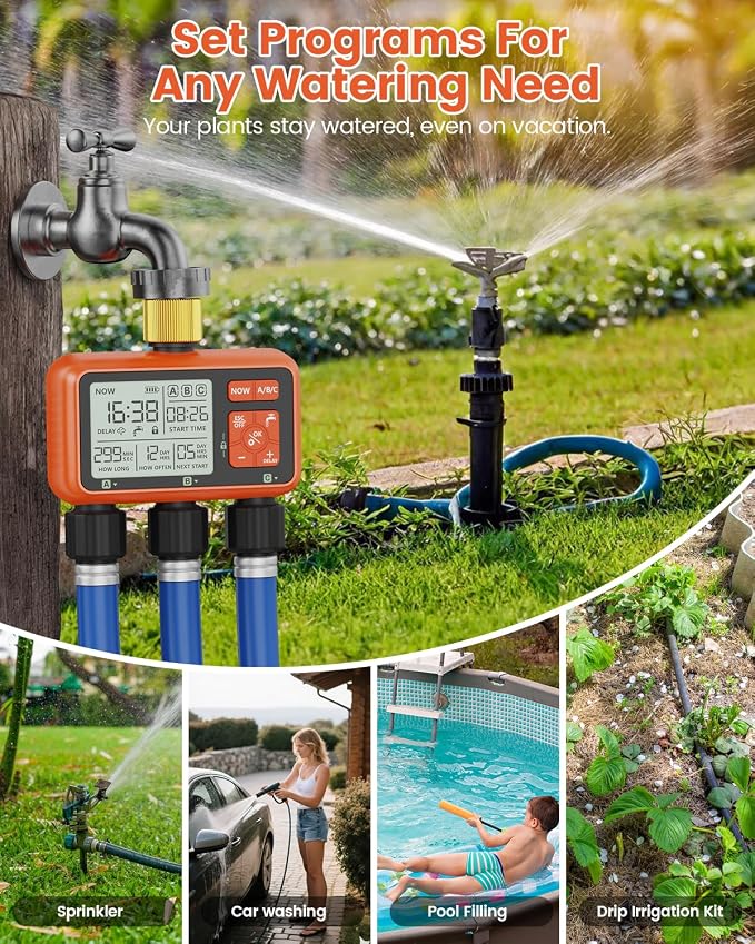 Sprinkler Timer 3 Zone with Brass Inlet Water Timer for Garden Hose Programmable Hose Faucet Controller with Independent Zone Control Custom Rain Delay Manual&Auto Watering Child Lock for Yard Lawn