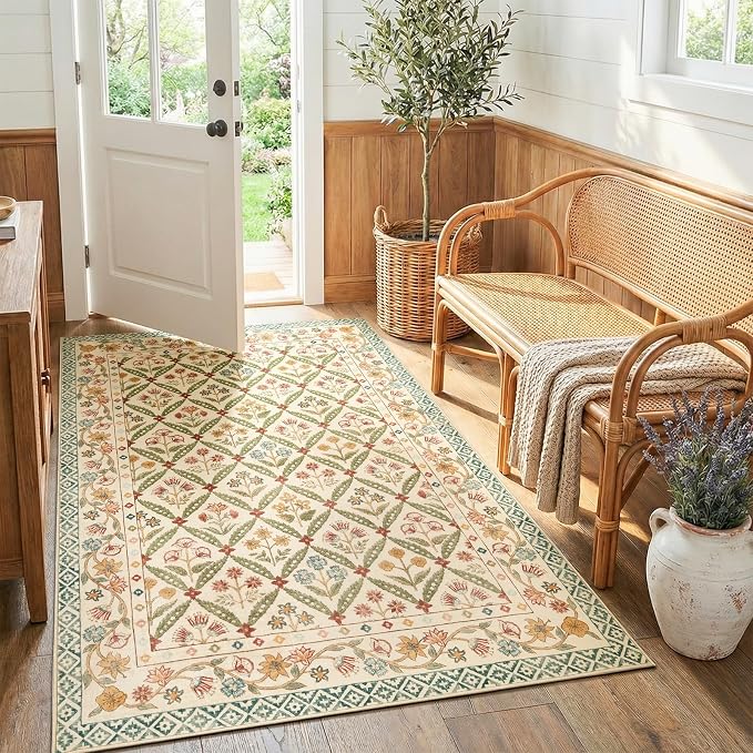 jinchan 4x6 Vintage Floral Washable Non Slip Bedroom Area Rug, Teal Blue | Soft & Lightweight, Checkered Floral, Low Pile, Bedroom, Kitchen, Girls Dorm, Apartment, Small Living Room, Cottage Decor
