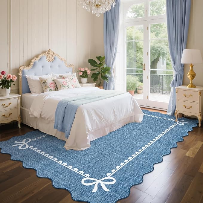GarveeHome Scalloped Bow Rug 6x9 Washable Rugs for Living Room, Dark Blue | Non Slip Soft Low Pile Indoor Large Carpet for Nursery Girls Bedroom Decor Hallway Kids Room College Dorm Playroom