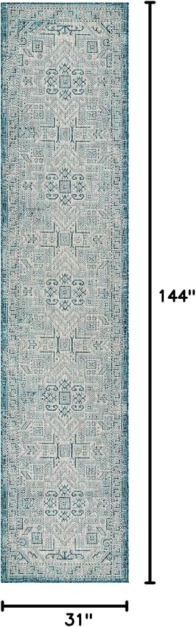 Unique Loom Outdoor Aztec Collection Area Rug - Coba (2' 7" x 12' Runner, Teal/ Ivory)