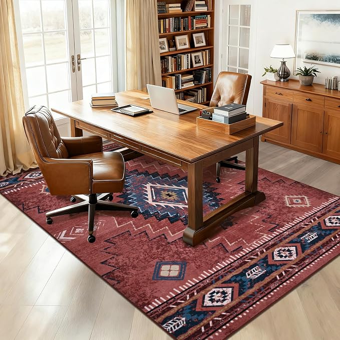 Yinhua Western Living Room Rug 5x7, Washable Area Rugs for Bedroom, Rust | Low-Pile Area Rug Non-Slip with Rubber Backing, Fall Non-Shedding Carpet for Dining Table Office Nursery
