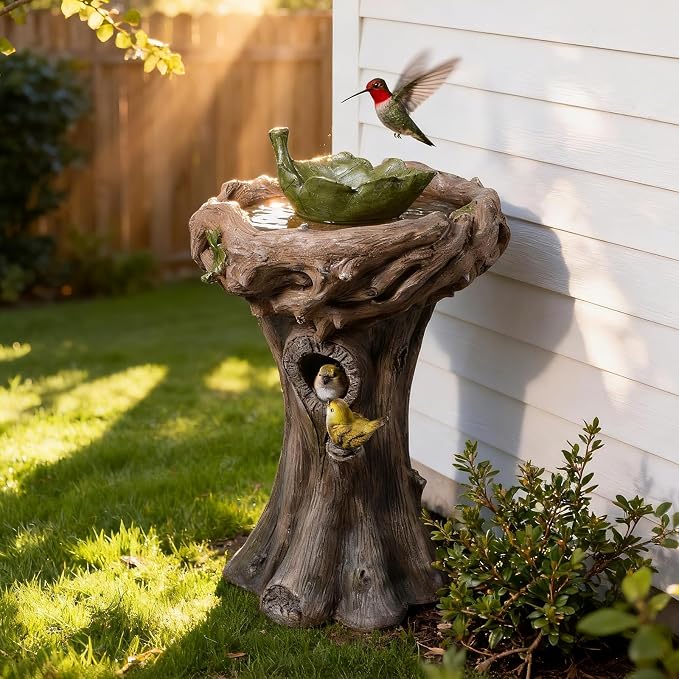29.5" Bird Bath and Bird Feeder Combo for Garden - Tree Stump Design Resin Birdbath with Leaf Shape Seed Tray and 3D Bird Ornaments, Weather Resistant Garden Statue for Yard & Patio Decor (Brown)