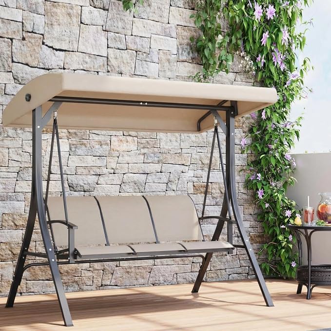 GarveeLife 3-Seat Patio Swing Chair, Outdoor Porch Hanging Chairs with Adjustable Canopy and Armrests, Breathable Textilene Fabric Seat & Backrest, Swing Bench for Garden, Poolside, Backyard, Beige