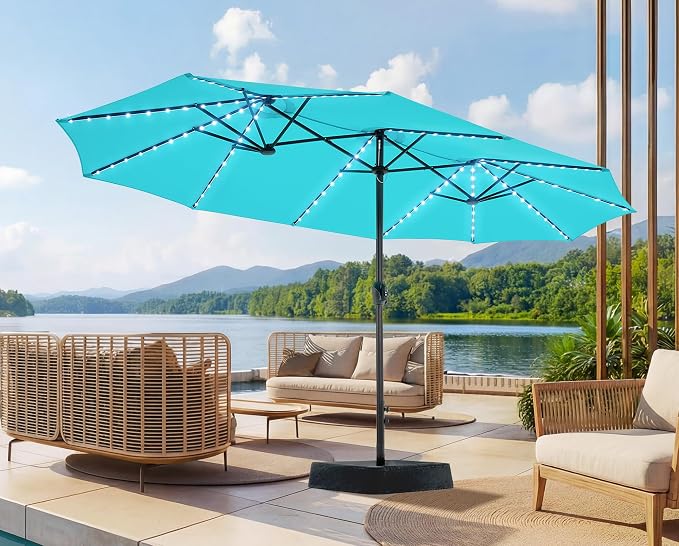 SUPERJARE 15ft Large Patio Umbrella with Base included, Double Sided Outdoor Umbrella with Solar Lights, Pool Umbrella with Fade Resistant Canopy for Deck, Porch, Yard, Balcony, Light Blue