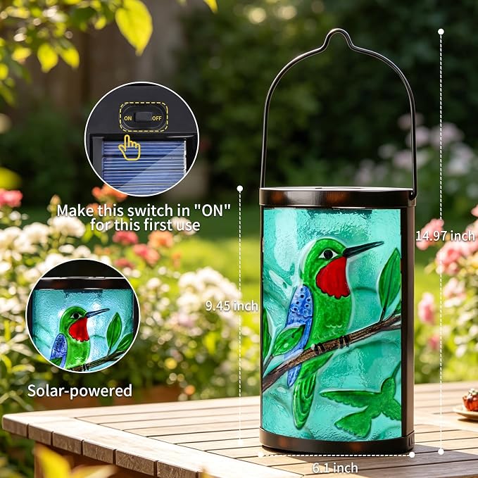 Hanging Solar Lantern Outdoor Waterproof Hummingbird Solar Lights Glass Tabletop Decorative Lamp for Outdoor Patio Garden Outside Yard Decor