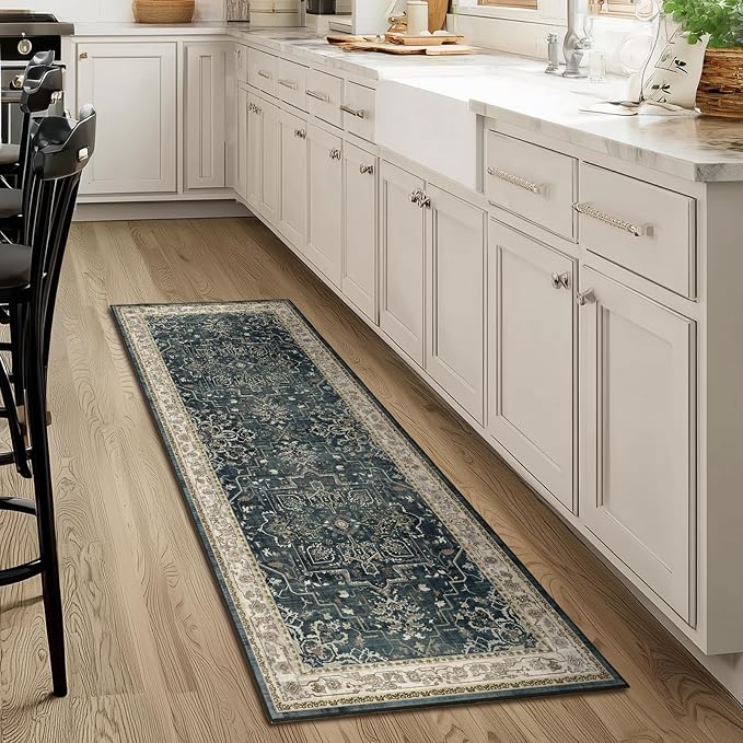 Farmhouse Entryway Rugs 2x6, Low Pile Kitchen Runners Washable Non Slip, Distressed Medallion Printed Carpet Runners for Hallway/Bathroom/Bedroom Bedside/Laundry Room, Midnight/Multi