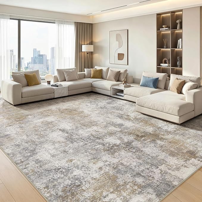 12x15 Area Rug Washable Abstract Rugs for Living Room Light Brown/Grey | for Bedroom, Dining Room, Office, Nursery, Soft Neutral, Low Pile Non-Slip, Kid Pet Friendly, Large Indoor Carpet, Home Decor