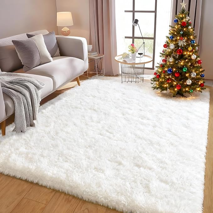 White Area Rugs for Bedroom, Fluffy Washable 4x6 | Upgrade Non-slip, 4 x 6 Shaggy Rug for Living Room Dorm, High Pile Fuzzy Shag Plush Carpet Girls Kids Room, Flame Resistant