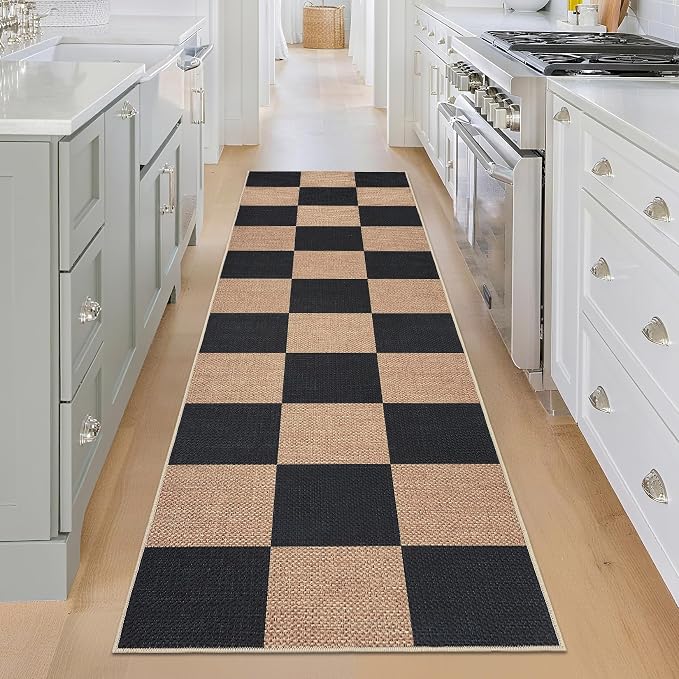 Garvee 2x8 Runner Rug Kitchen Rugs Non Slip Washable Rug, Black/Brown | Easy Jute Modern Checkered Rug Hallway Runner Rug Stain Resistant Easy Cleaning Non Shedding Floor Cover for Laundry Entryway
