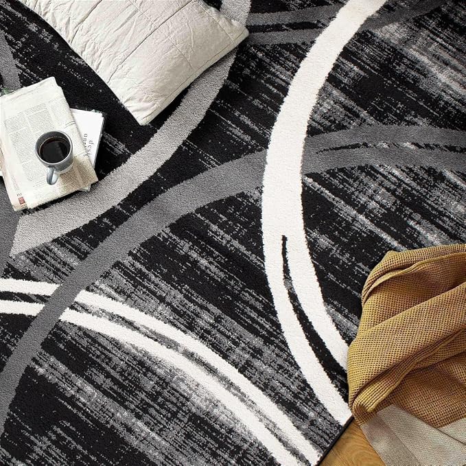 Rugshop Wavy Circles Modern Fade-Resistant Area Rug Black 3'3" x 5' | Rectangular, Size 3'3" x 5', Living Room, Bedroom, Dining Room, Home Office, Kitchen, Entryway, Hallway, Nursery, Kids Room