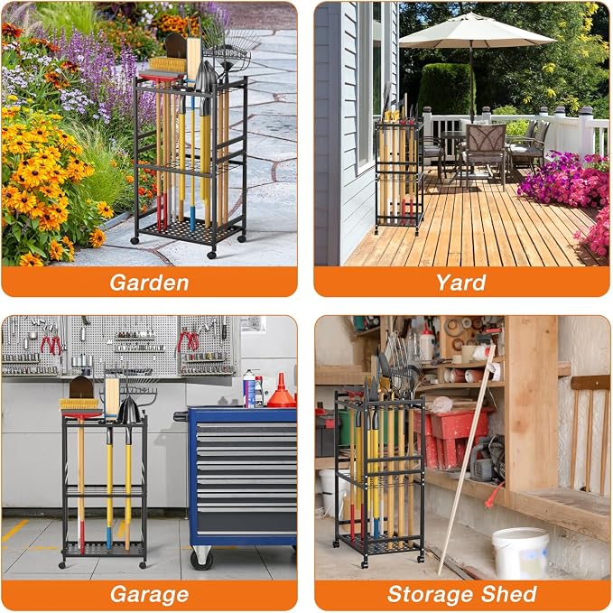Garden Tool Organizer with Wheels, Heavy-Duty Yard Tool Rack with 3 Side Hooks, Holds Up to 40 Long-Handled Tools, Metal Garage Tool Storage for Lawn & Outdoor Organization