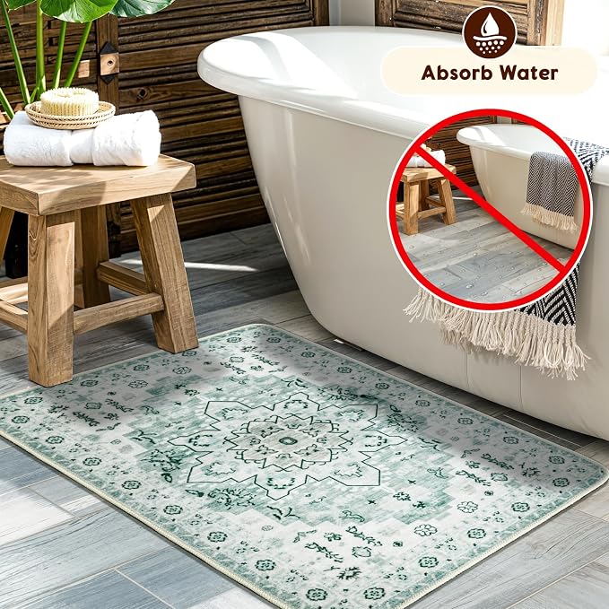 LBRO2M Machine Washable Rug Soft Pet Friendly Carpet 2X3 Green | Persian Rug 2X3 for Entryway, Kitchen, Bathroom Non Slip Carpet, Foldable Stain Resistant Rugs