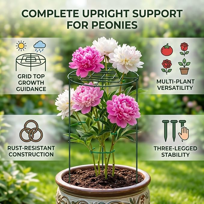 4 Pack Peony Cages and Supports, 14" D x 16" H Large Plant Supports for Outdoor Plants, Heavy Duty Flower Support Rings for Peonies, Roses, Hydrangeas, Tomatoes & More