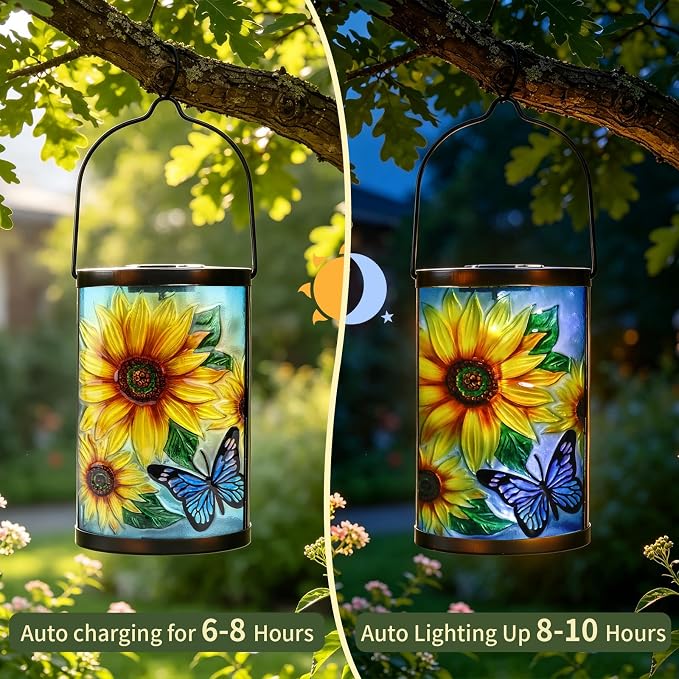 Hanging Solar Lantern Outdoor Waterproof LED Solar Lights Sunflower Decorative Solar Lanterns Tabletop Lamp for Outdoor Patio Garden Yard Decor