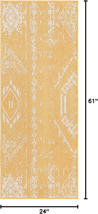 Unique Loom Outdoor Bohemian Collection Area Rug - Anthro (2' x 5' 1" Runner, Yellow/ Ivory)