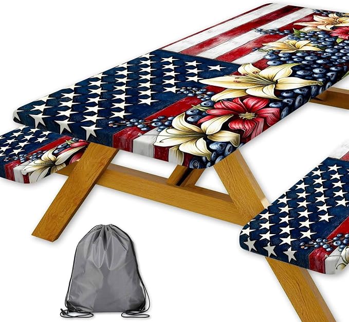 American Flag Fitted Picnic Table Cover with Bench Covers Waterproof Elastic Edges Rectangle Patio Tablecloth Outdoor Camping Rv Accessories Summer Trip Travel Supplies Party Camper Gifts, 5 ft