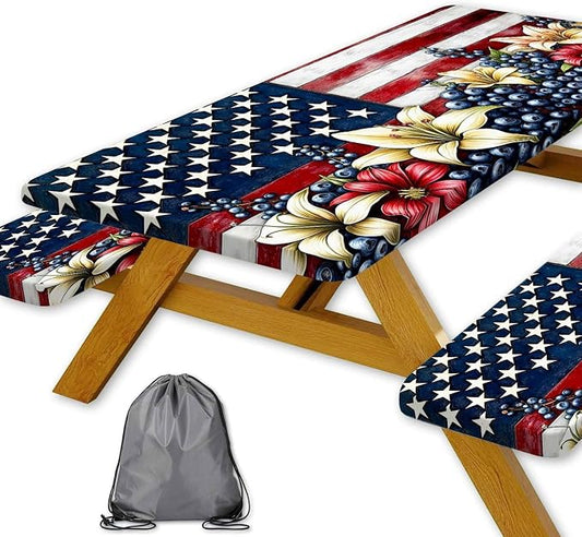 American Flag Fitted Picnic Table Cover with Bench Covers Waterproof Elastic Edges Rectangle Patio Tablecloth Outdoor Camping Rv Accessories Summer Trip Travel Supplies Party Camper Gifts, 5 ft