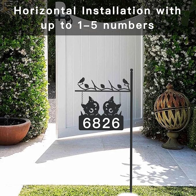 Metal Address Sign for Houses, House Numbers for Outside, Double-Sided Reflective Home Address Sign For Yard, Mailbox Decor Numbers, Address Plaques for High Visibility (Black Cat)