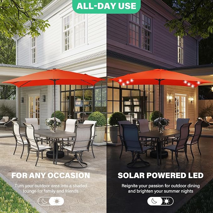 JEAREY 8x10 ft Rectangular LED Lighted Patio Umbrellas Outdoor Solar Table Market Umbrella w/Crank, 8 Sturdy Ribs, UV Protection Waterproof Sunproof(Orange)