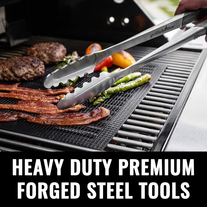 Grillaholics Premium BBQ Grill Tools – The Ultimate Grilling Gift for Dad - Luxury 4-Piece Barbecue Utensils Grill Set with Wooden Gift Box | Father's Day Gift | Includes Spatula, Tongs, Meat Fork, & Silicone Baster