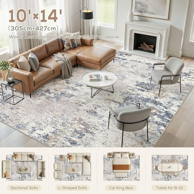 Nakagishi 10X14 Abstract Washable Area Rugs for Living Room-Blue Grey | Modern Non-Slip Silicone Backing Low Pile Soft Carpet for Bedroom Dining Decor Ideal for Families with Kids and Pets