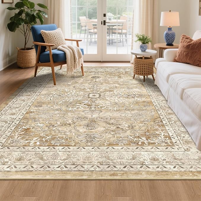U'Artlines Boho Vintage Area Rug 5x7 Machine Washable Carpet, Cream Tan | Low Pile, Non Slip, Ultra-Thin Soft Floor Carpet, Accent Rug for Living Room Bedroom Dining Room Office