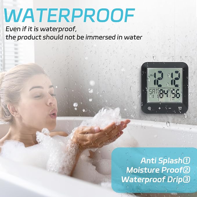 Digital Shower Clock Waterproof,Bathroom Extra Large LCD Screen Wall Clock Timer,Countdown,Moisture Proof,Anti Splash,Display Temperature,Time,Date and Day of the Week,Suction Cup,Hanging,Hole Stand