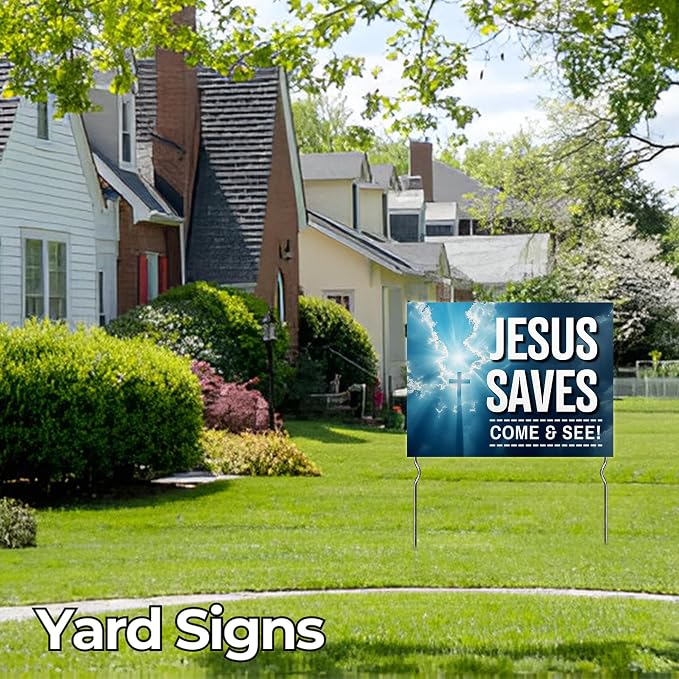 Jesus Savves - Come & See! Yard Sign by DC | 24"x18" Double Sided Church Garden Sign with 13” Metal Stakes | Outdoor Signs Waterproof for Lawn, Patio, Sidewalk & House | Set of 3 | Made in USA