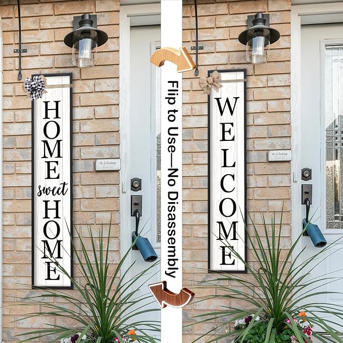 Outdoor 2in1 Welcome Sign for Front Door Home Sweet Home Sign for Farmhouse Tall Outdoor Front Porch Standing 2 Sided 45"X9" Large Vertical Leaner Rustic Outside Decor (Black)